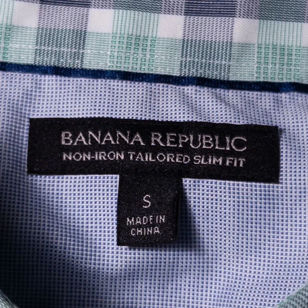 Banana Republic Mens Button Down Shirt S Green Blue Plaid Non-Iron Tailored Slim